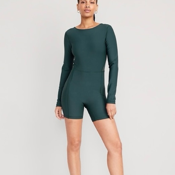 Old Navy Active Powersoft Mesh Panel Lng Sleeve Unitard Romper Pine Green Medium - Picture 2 of 6